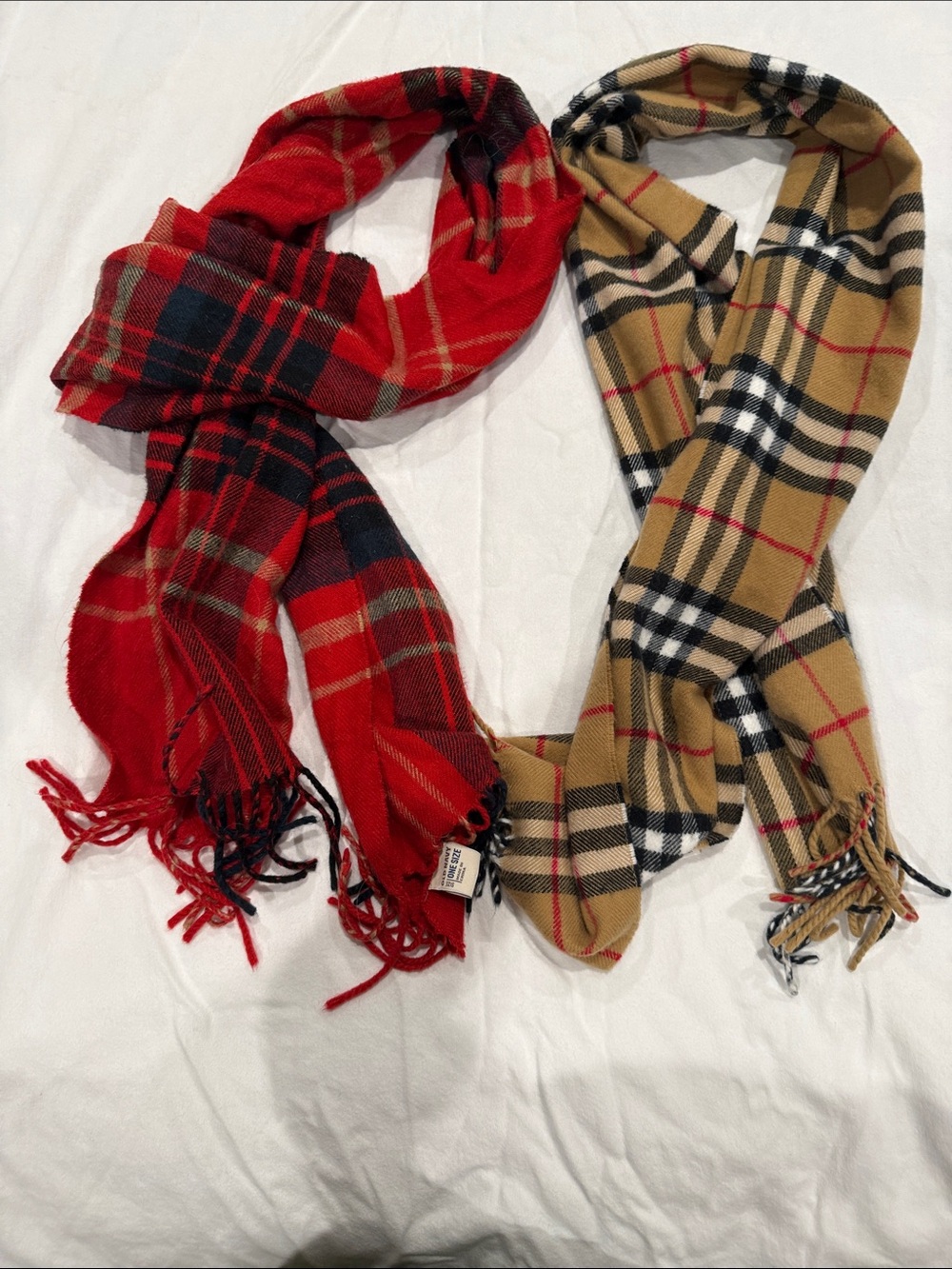 Two Old Navy Red & Tan Plaid Fringe Scarves